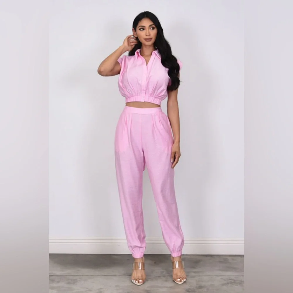 NEW Woven Crop Shirt and Pant Set in Pink Concert Festival Y2K Hipster Size L